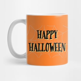 Happy Halloween Spider Web with Black Lettering on Orange Background Mug